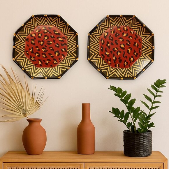 Decorative Leopard Print Plates Octagon Jungle Safari Wall Art Retro Set of 2 - Picture 1 of 5